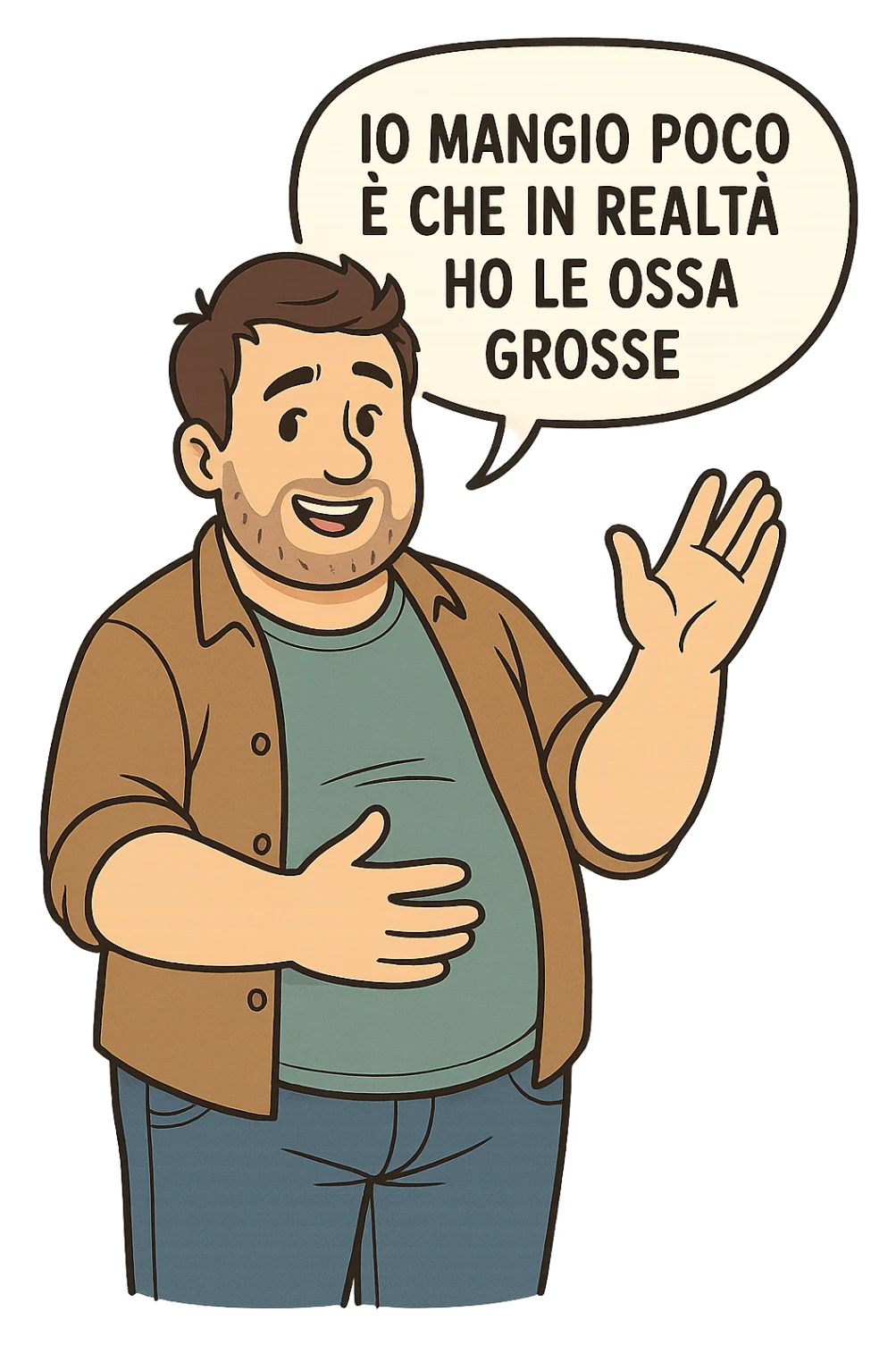 uomo che dice "Io mangio poco è che in realtà ho le ossa grosse" , trovando scuse per il suo peso corporeo sticker