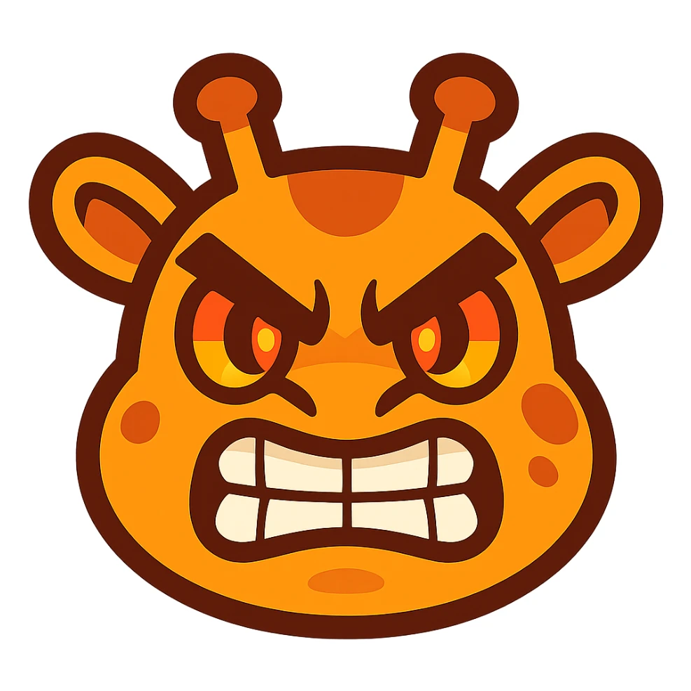 A fierce, determined cartoon giraffe face with furrowed brows, clenched teeth, and fiery eyes. The design should be bold and comically exaggerated, suitable for a 'grr' or 'tryhard' emote. Use sharp angles for the eyebrows, vibrant colors, and a clean, readable style even at small sizes. Cartoonish, kawaii-inspired style, vibrant toon sticker