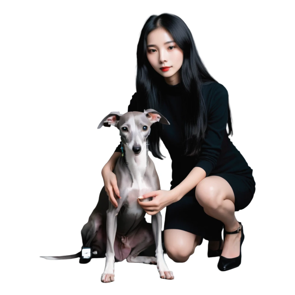Slim Chinese girl with long black hair petting completely solid grey Italian greyhound with absolutely no white markings anywhere sticker