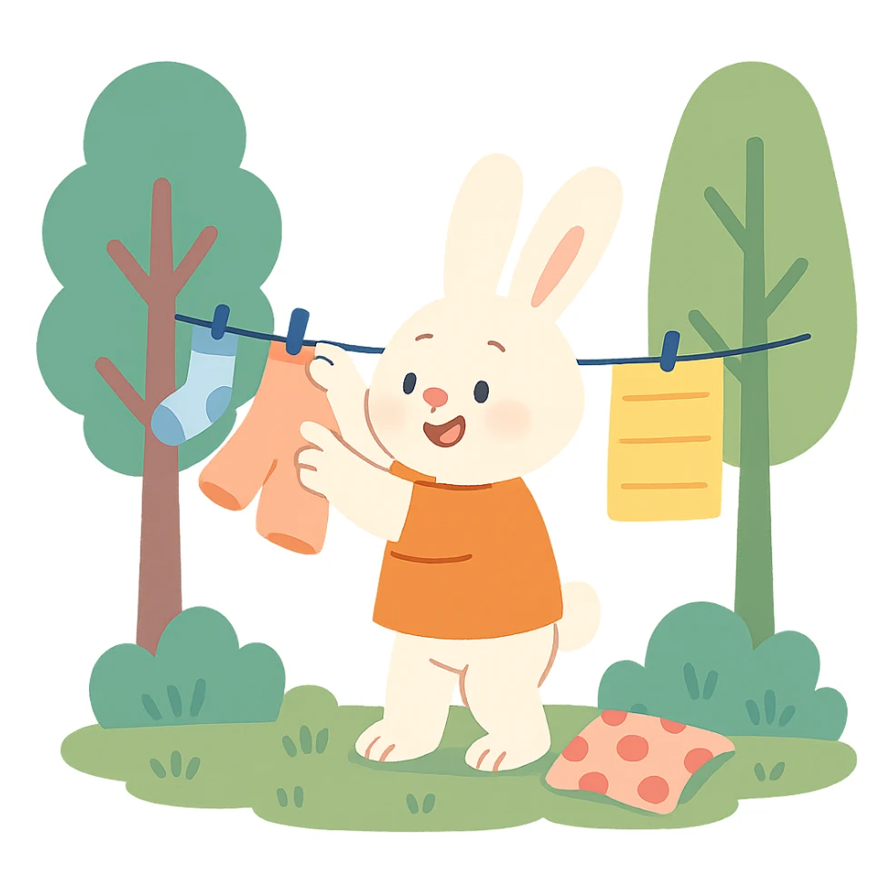 bunny hanging laundry between trees, calming domestic forest feel, soft pastel colors sticker