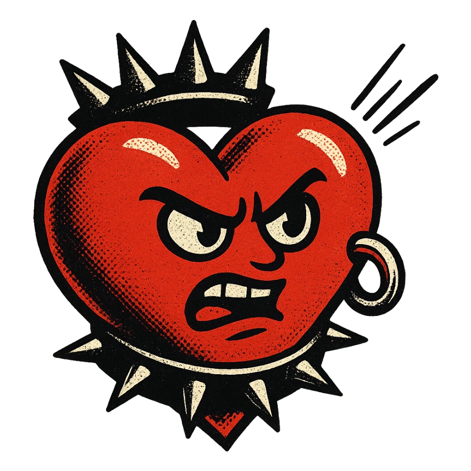 a heart with goth accessories, dramatic and graphic old school comic book style sticker