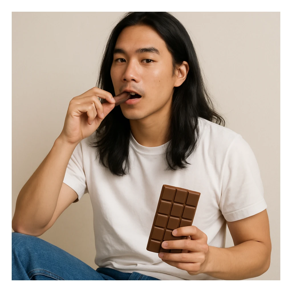 long haired Asian man eating chocolate, casual pose, white T-shirt and jeans, simple background sticker