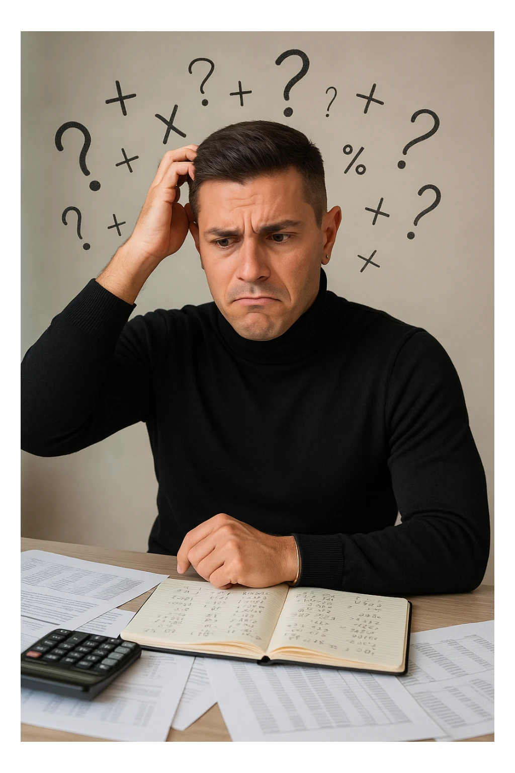 a man sits at a desk cluttered with papers, a calculator, and a notebook filled with numbers and equations. He scratches his head, eyebrows furrowed in confusion, while mathematical symbols and question marks float around his head. The background is softly blurred, emphasizing his puzzled expression. sticker