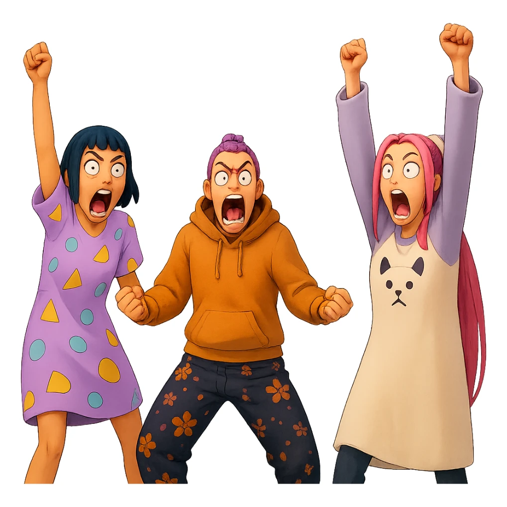 Extract the three characters from the image and place them together on a transparent background, keeping the original style and appearance. sticker