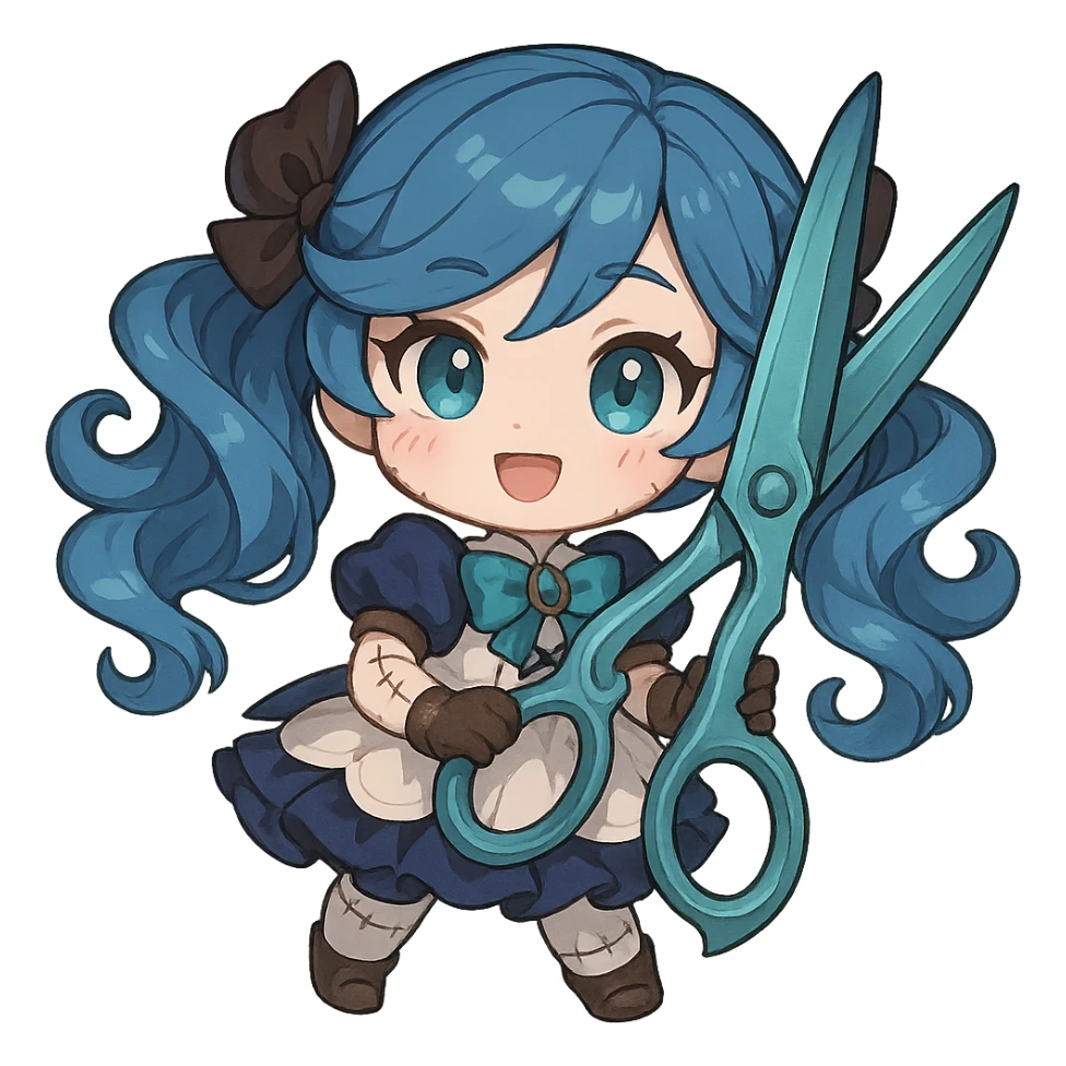 chibi style Gwen from League of Legends with oversized scissors, cute expression, blue hair, stitched doll details sticker