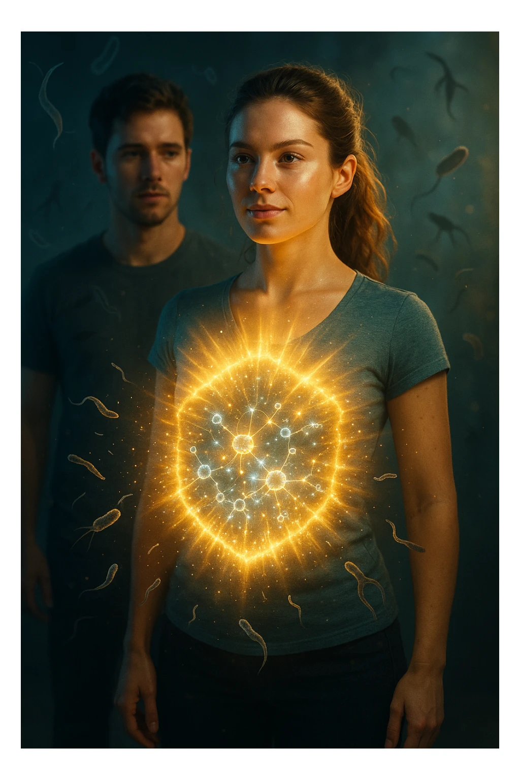 A hyper-realistic, cinematic image showing a young woman with a glowing, radiant aura symbolizing a very strong immune system. She stands confidently, surrounded by a dynamic shield of light particles and molecular energy swirling around her body, especially focused around her abdomen and chest. Against this luminous barrier, faint translucent representations of parasites—small worm-like and protozoan shapes—attempt to approach her but are visibly repelled or disintegrating upon contact with the shield. Nearby, a young man representing her boyfriend is shown with subtle, shadowy parasite silhouettes near him, some reaching toward her but unable to penetrate her immune defenses. The background is softly blurred to keep the focus on the energetic battle at the forefront, with cool blues and warm golds contrasting to symbolize health, vitality, and defense. The lighting is dramatic yet hopeful, with a cinematic 35mm film style emphasizing sharp detail on her determined face and the swirling protective energy. The overall tone conveys resilience, protection, and the unseen battle inside the body. sticker