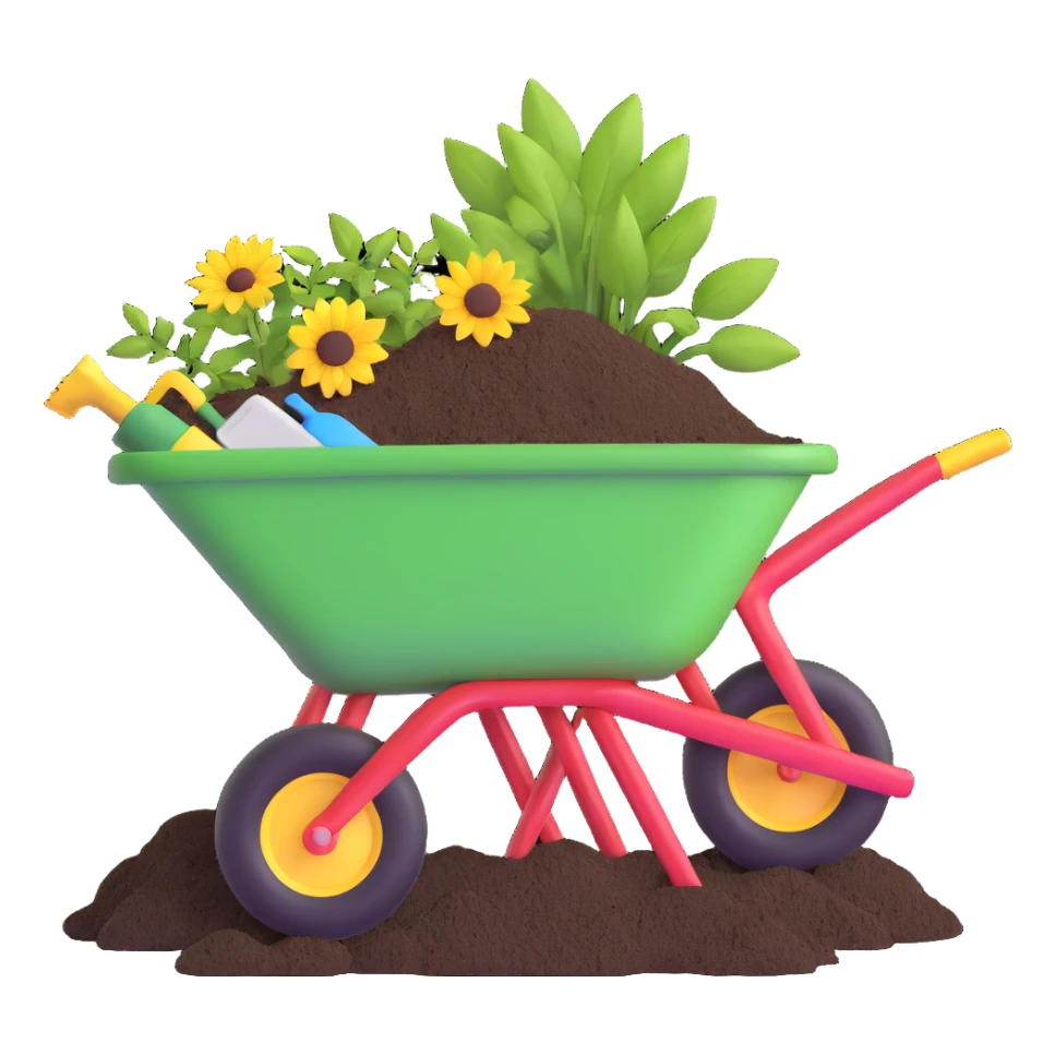 wheelbarrow with soil fertilizer and gardening tools sticker