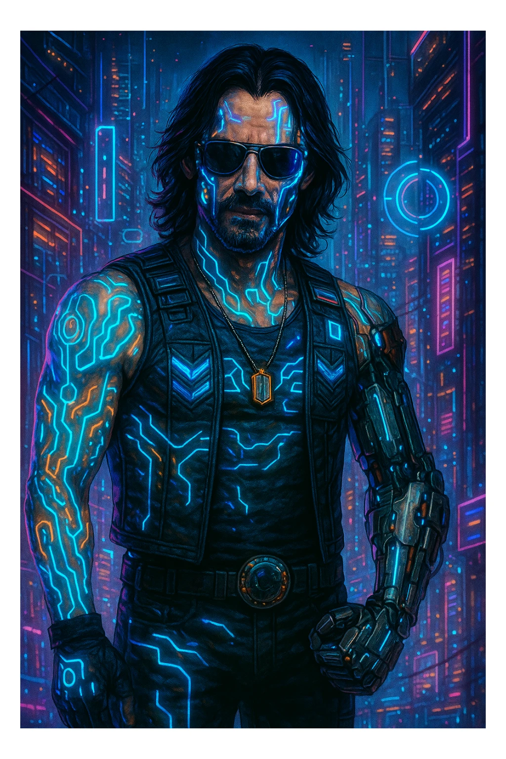 Add more cyberpunk details to Johnny Silverhand: glowing neon tattoos, cybernetic enhancements, holographic elements, and a futuristic cityscape background, keep the detailed illustration style. sticker