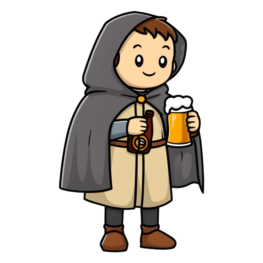 young medieval pilgrim with cloak and beer bottle sticker