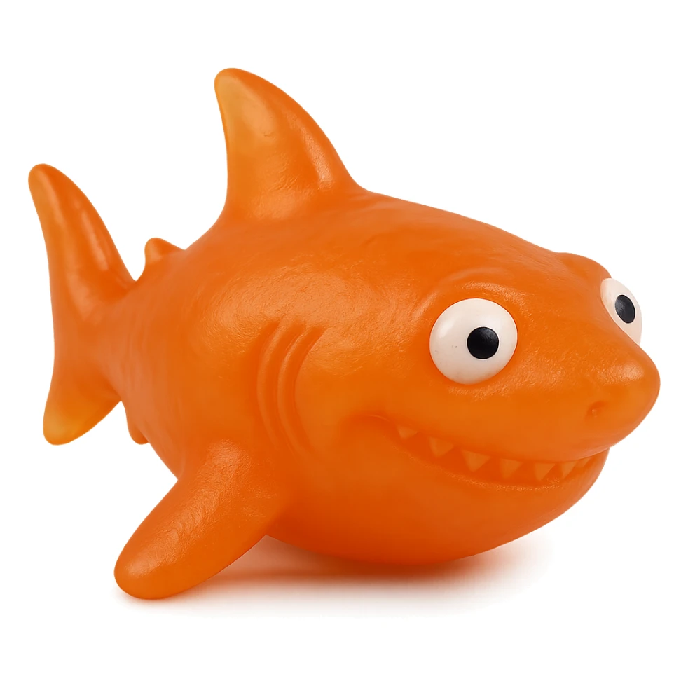 hyper-detailed retro 90's toy style bright orange semi-transparent soft plastic shark with derpy eyes soft reflections soft and squishy some cloudiness not shiny highly detailed appealing no tag no background sticker