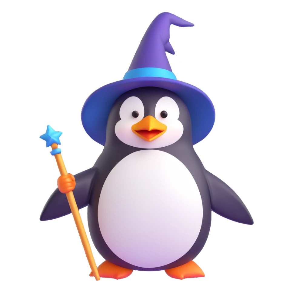 A three-dimensional playful penguin wizard with a pointy hat and a wand sticker