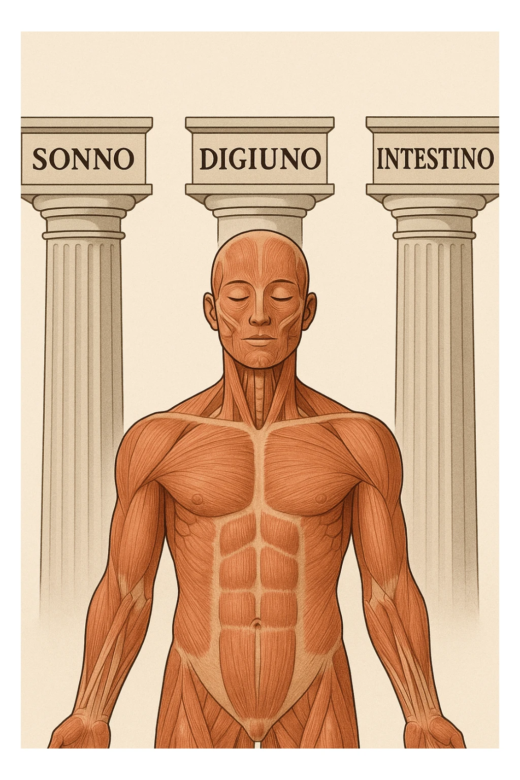 5 pilastri con le scritte "SONNO", "DIGIUNO", "ALLENAMENTO", "INTESTINO", DAVANTI UN CORPO UMANO ANATOMICO CON OCCHI CHIUSI IN SALUTE, SFONDO CHIARO IN ITALIANO sticker