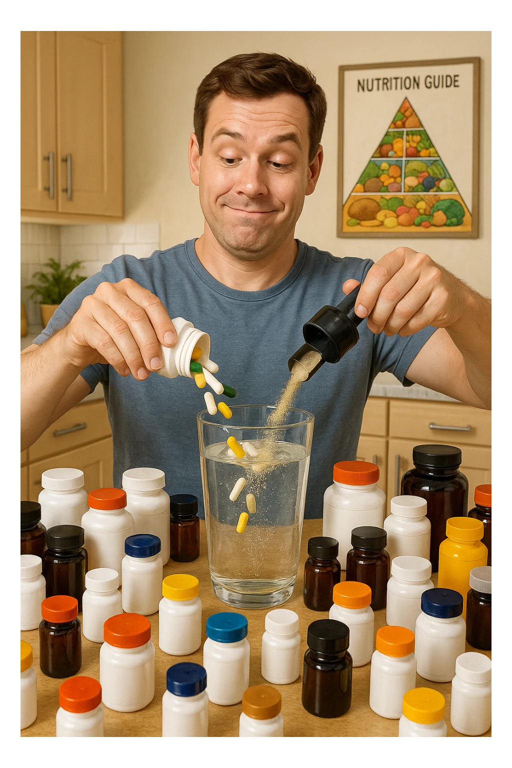 a man stands in his kitchen, enthusiastically pouring multiple supplement pills and powders into a large glass of water. The kitchen counter is cluttered with dozens of supplement bottles, and his expression is confident but slightly oblivious. In the background, a nutrition guide or food pyramid is ignored, highlighting his focus on supplements over balanced nutrition. sticker
