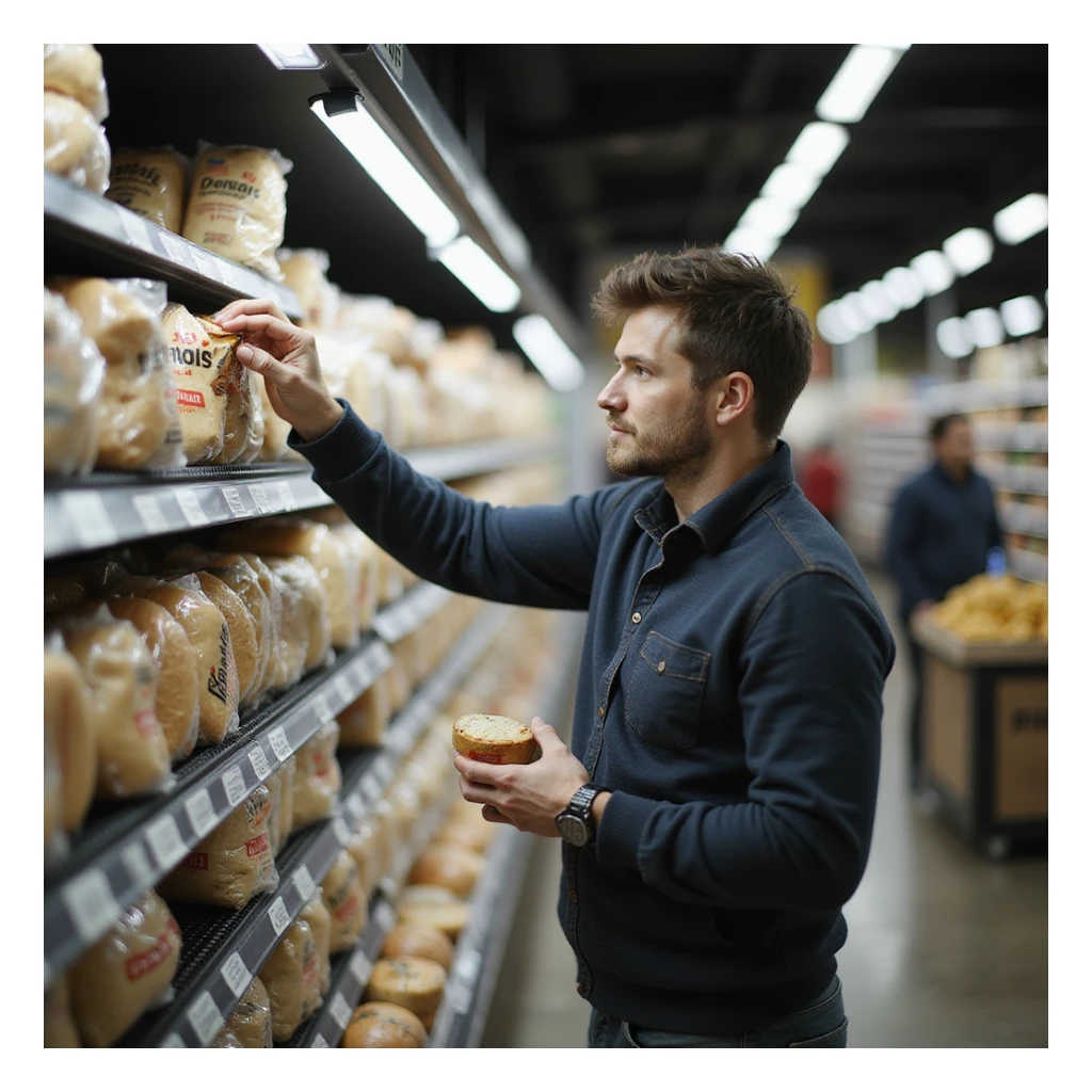 hyperrealistic scene of a man at a supermarket taking a product from the shelf, the product label prominently displaying the word 'Senza', 4K details, supermarket environment, natural lighting sticker