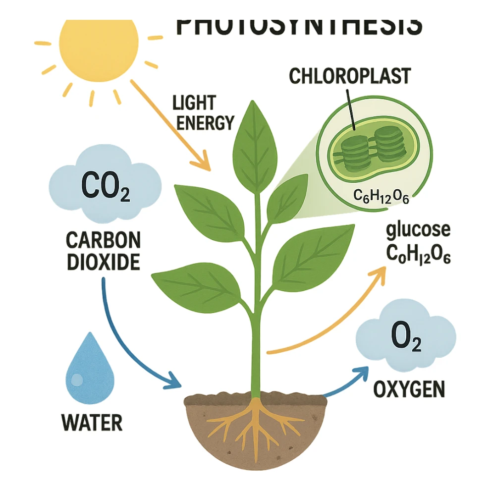highly scientific, labeled classroom poster version of the photosynthesis process, with clear step-by-step visuals, arrows, and educational annotations, no background, transparent sticker