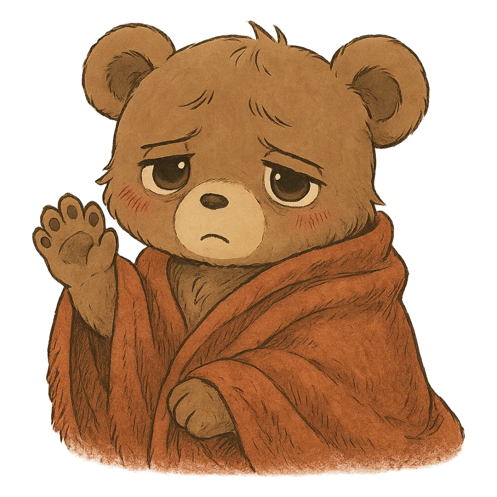 Add a cozy blanket to the anime style cute bear waving, keep the background transparent sticker