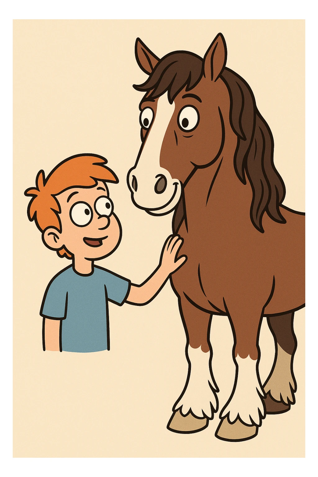 A boy orange hair blue shirt Clydesdale horse sticker