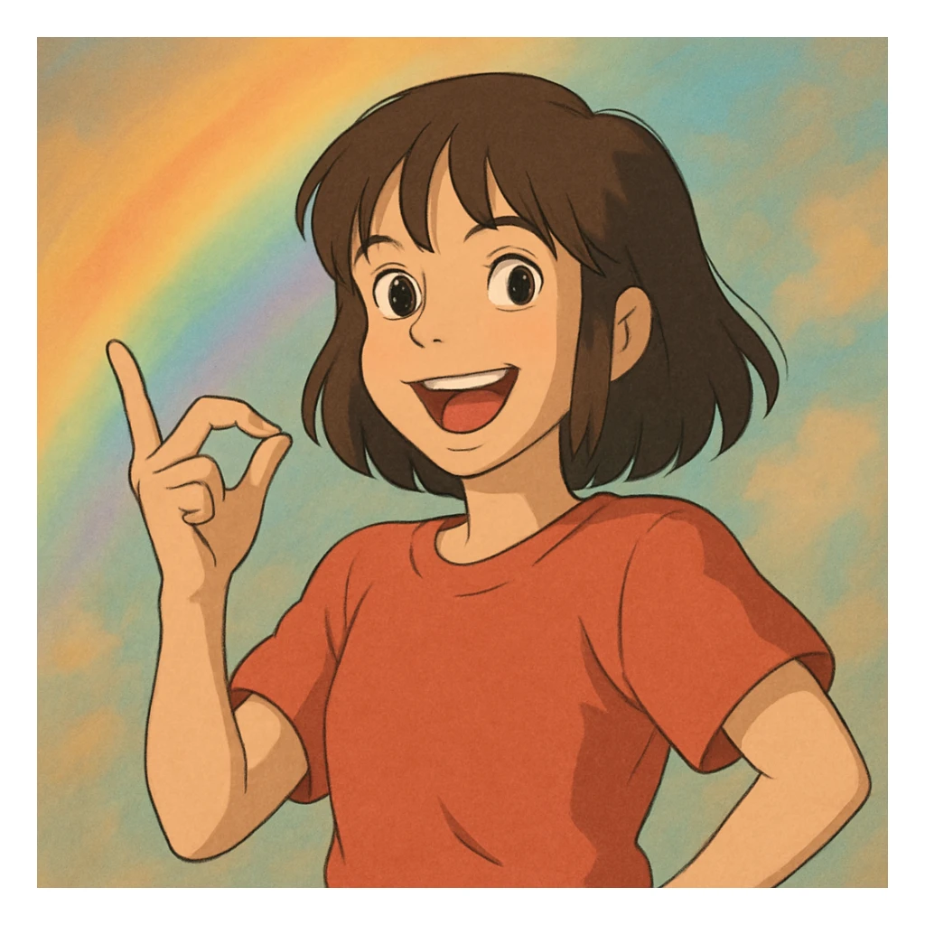 zesty hand gesture with soft rainbow lighting, ghibli style sticker