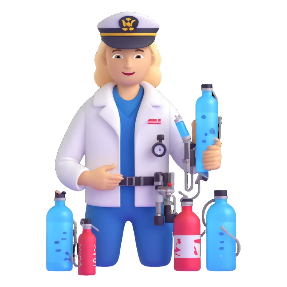 Oceanologist sailor from Vladivostok with scientific instruments, CTD sensor, water sampling bottles, and marine life sticker