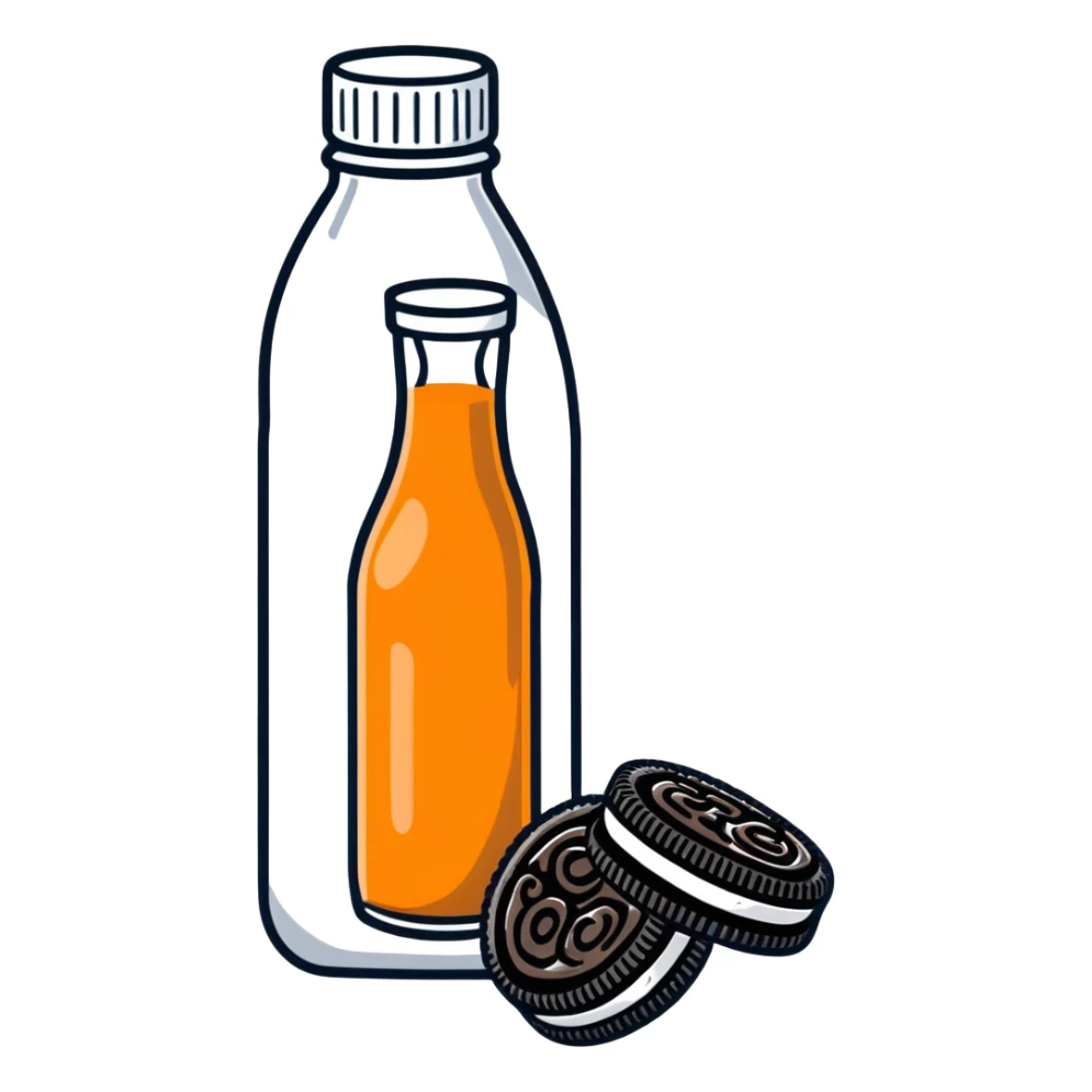 orange juice bottle being cut in half by Oreo cookies sticker