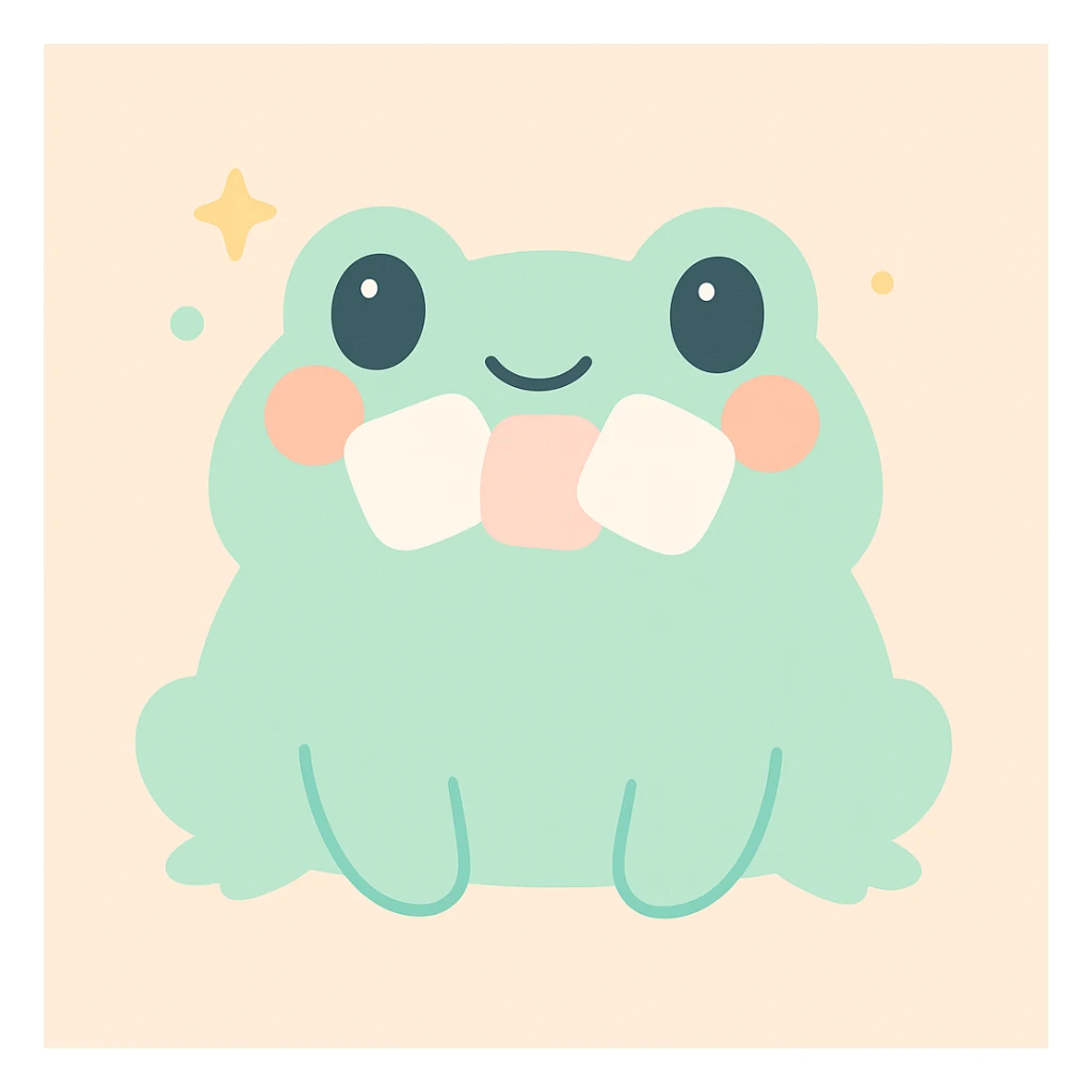 a chubby frog with marshmallows in its mouth, fun and lighthearted, colorful sticker