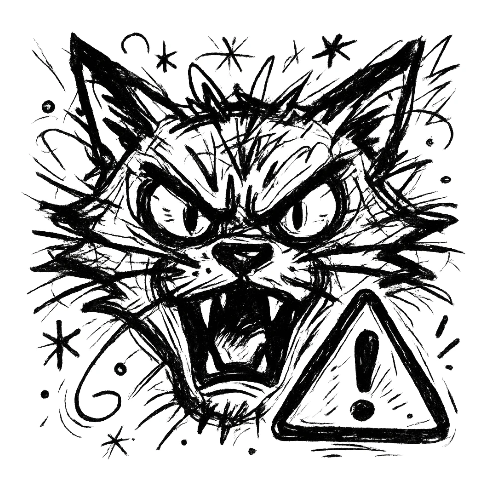 close-up wild cat face with red warning sign, bold dynamic style, referencing League of Legends ultimate ability icon sticker