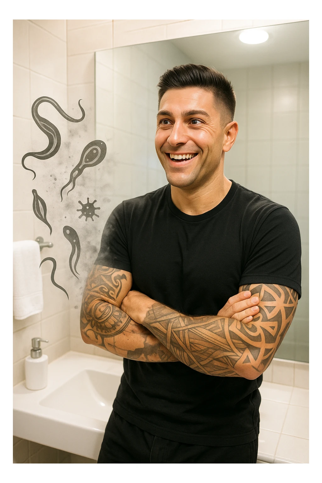 a man stands in a brightly lit bathroom, looking relieved and revitalized as he examines his reflection in the mirror. In the foreground, stylized, shadowy images of parasites (such as worms or protozoa) are shown leaving his body, dissolving into mist or fading away. His posture is upright and his expression is one of newfound energy and health. sticker