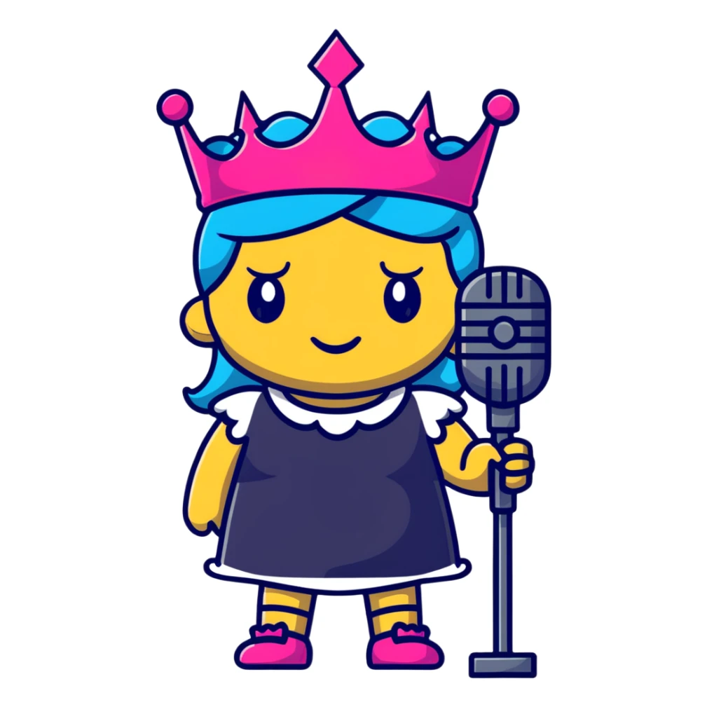 A rock and roll queen with a crown, microphone, and punk rock attitude sticker