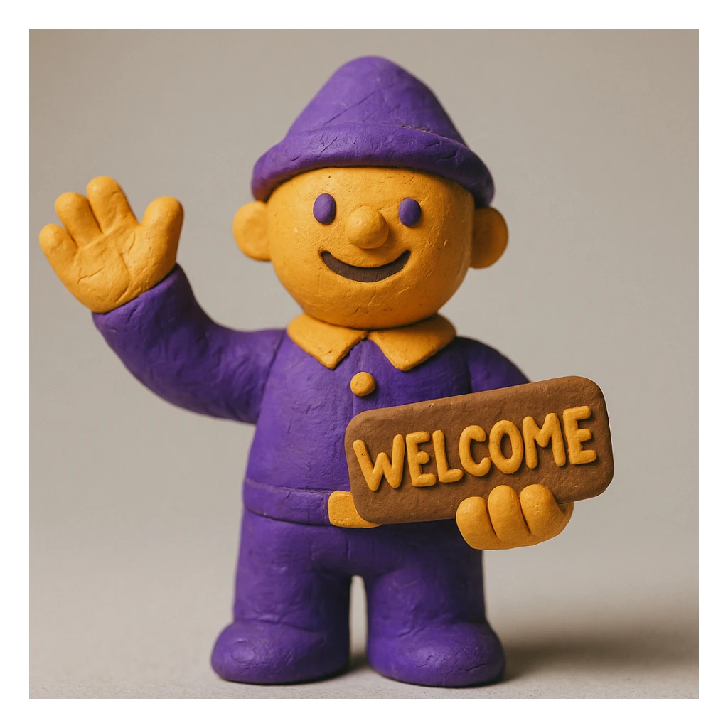 friendly mascot character standing front-and-center, one arm raised in a welcoming wave, holding a small 'Welcome' sign in gold letters, outfit in Qame purple (#4B2091) with gold accents, soft drop shadows, simple light-grey gradient background sticker