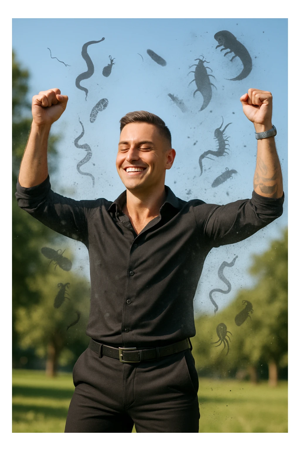 a man stands outdoors in bright sunlight, arms raised in relief and joy, while faint, shadowy silhouettes of parasites fall away from his body and dissolve into the air. His posture is upright and energetic, his expression serene and healthy. The background features green trees and a clear sky, emphasizing liberation and restored well-being. sticker