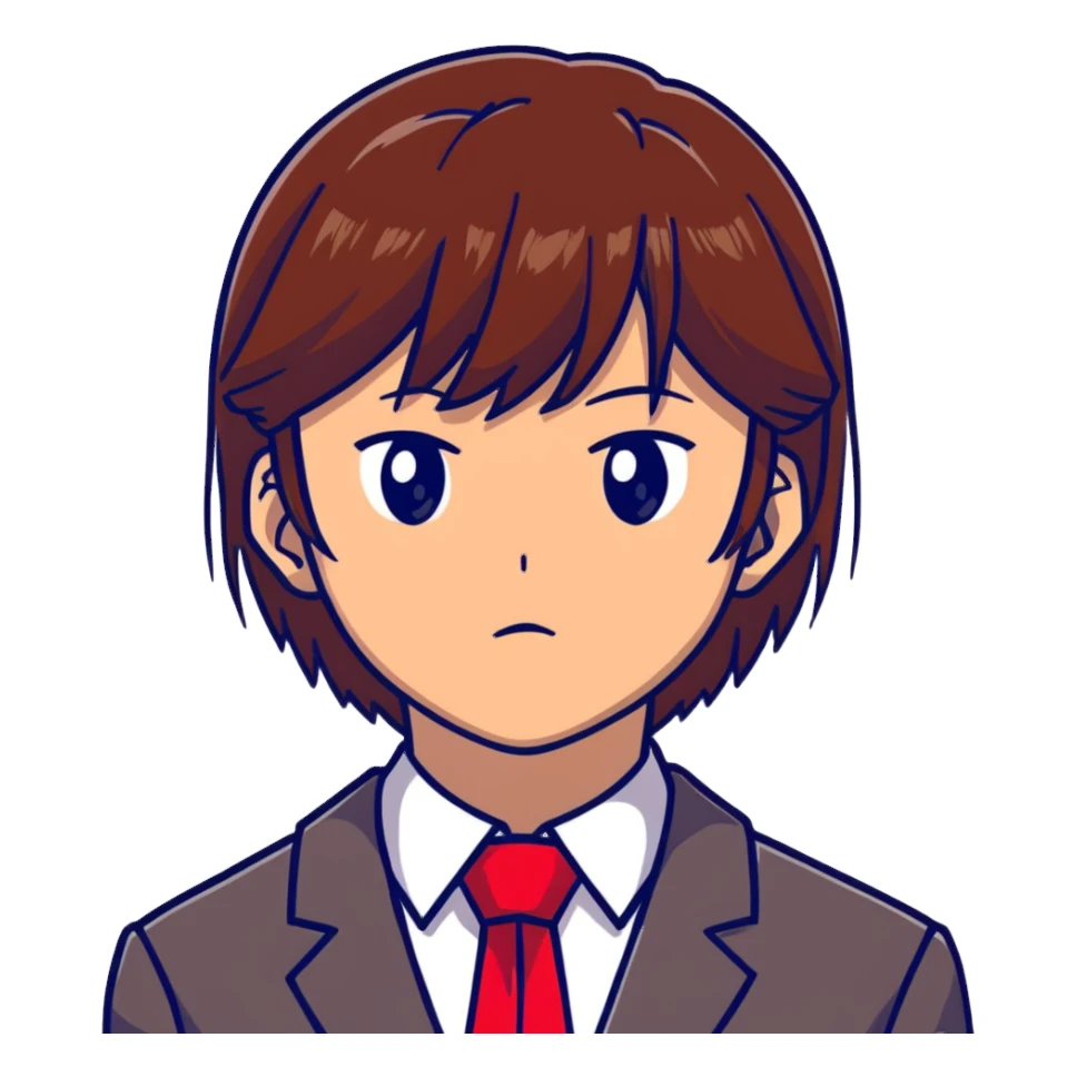Kiyotaka Ayanokoji from Classroom of the Elite, calm emotionless eyes, medium-length straight brown hair with bangs, serious neutral expression, school uniform with red blazer and tie, face close-up sticker