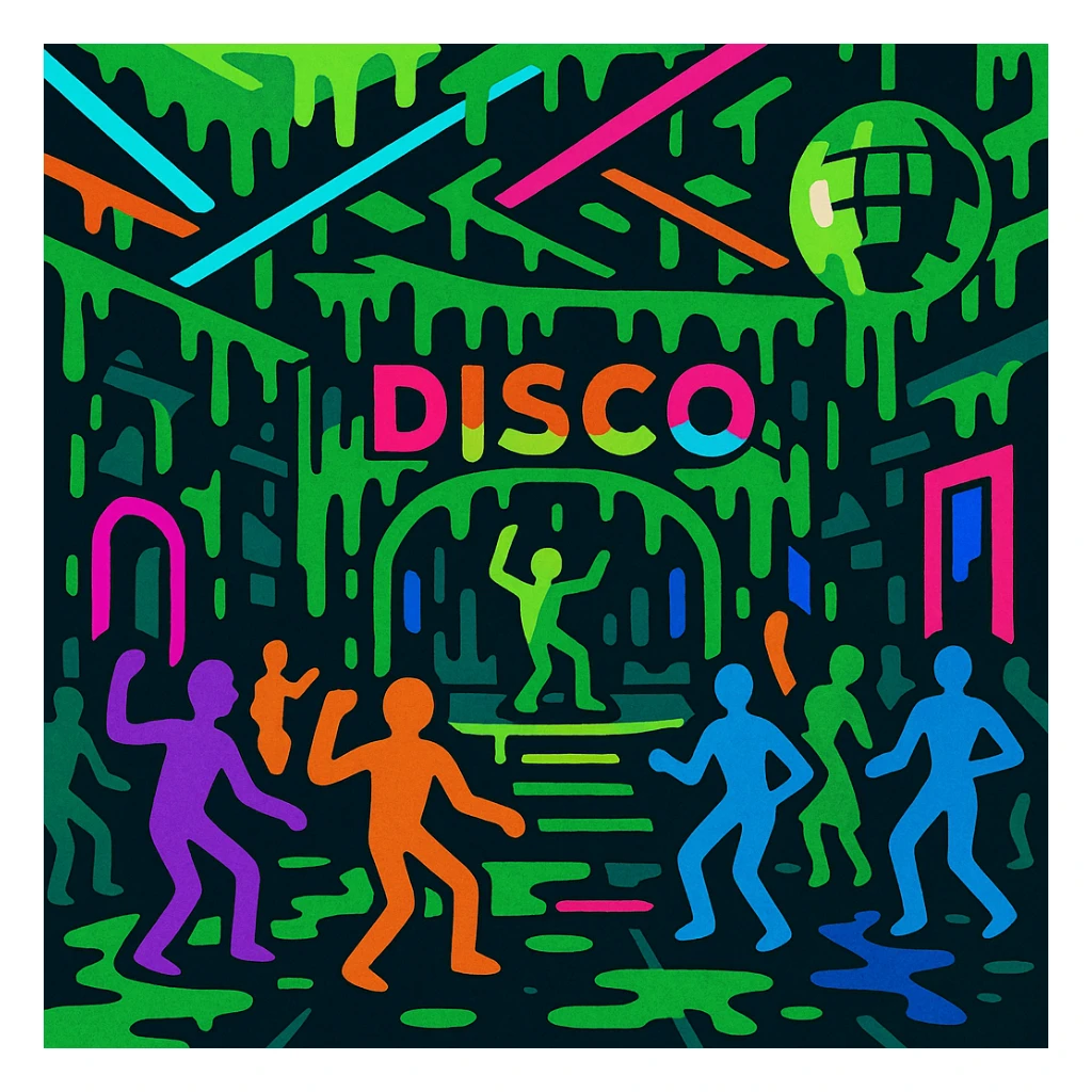 a vibrant toon style dance hall covered in slime, neon lights, and dancing figures sticker