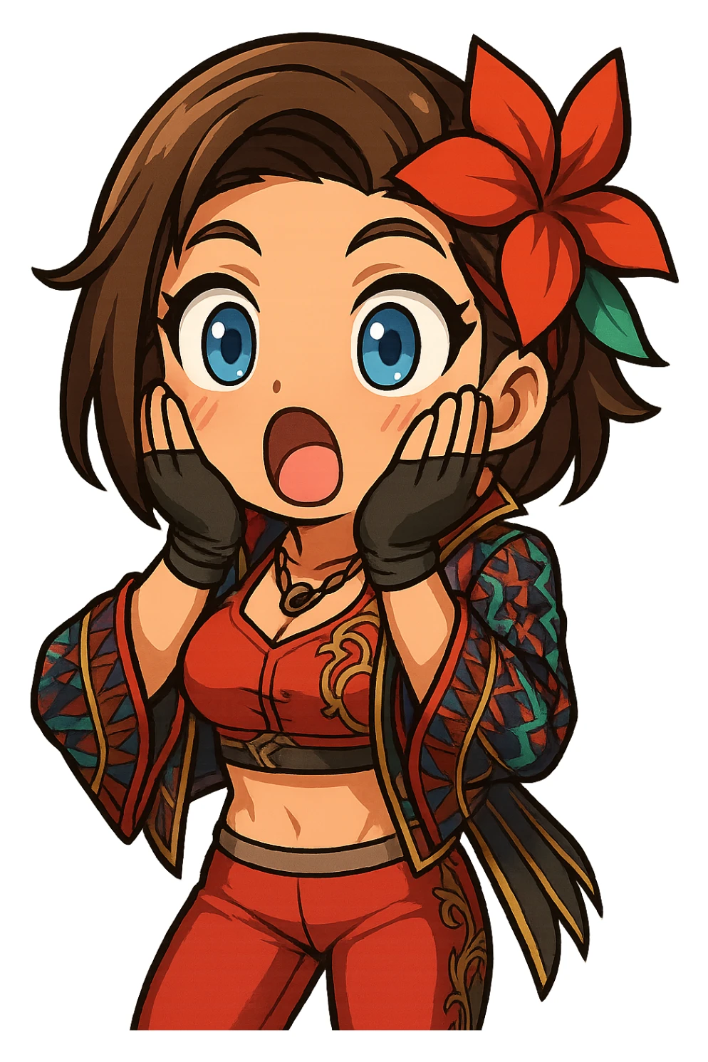 Azucena from Tekken 8 in chibi sticker style, shocked with hands on cheeks, standard Twitch emote, wearing her detailed red and patterned outfit as shown in the reference images. sticker