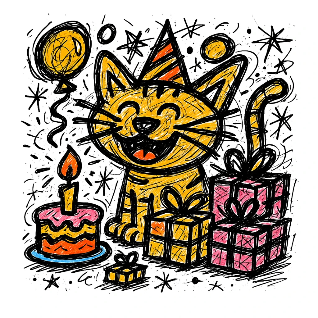 Make the birthday cake more colorful while keeping the chaotic outlined style and all other elements intact sticker