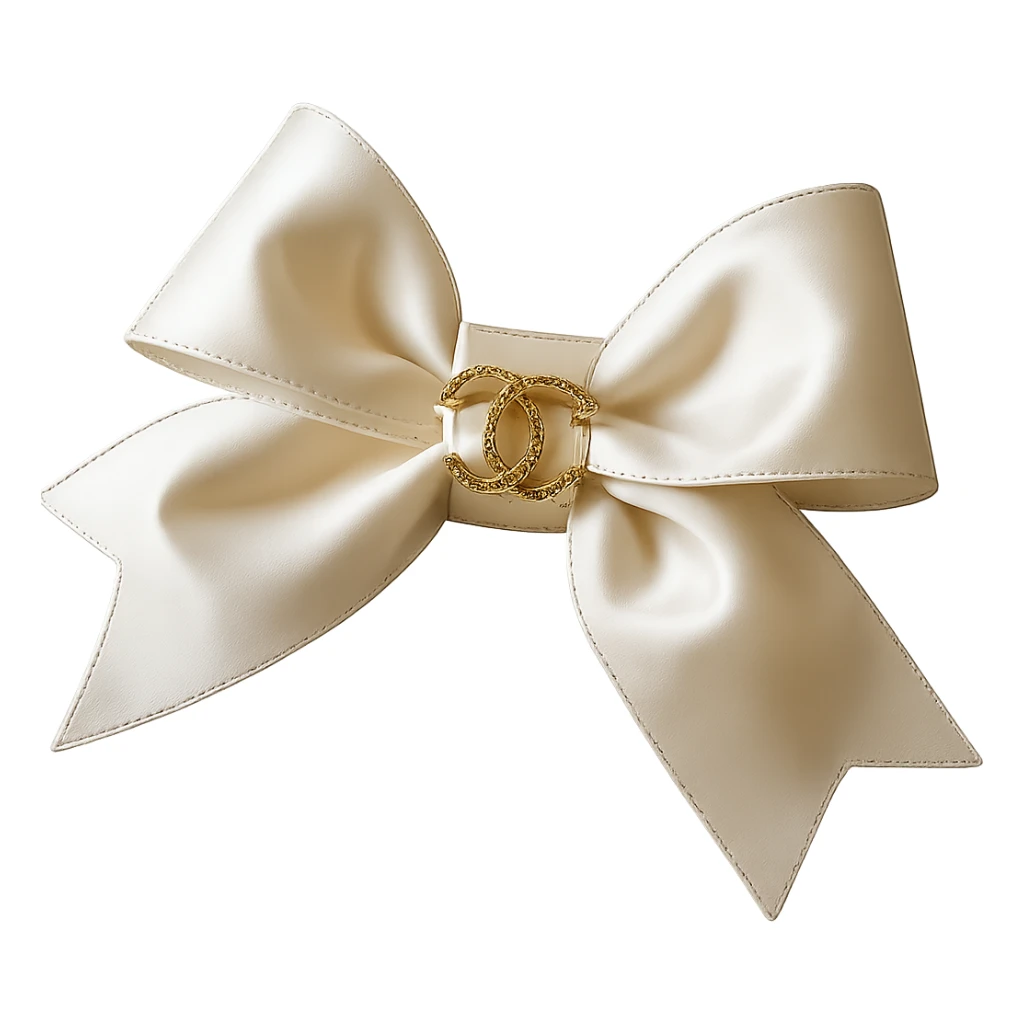 Remove the background, keep only the elegant bow with pearls and gold Chanel logo, glossy, soft lighting, realistic style, with no background. sticker