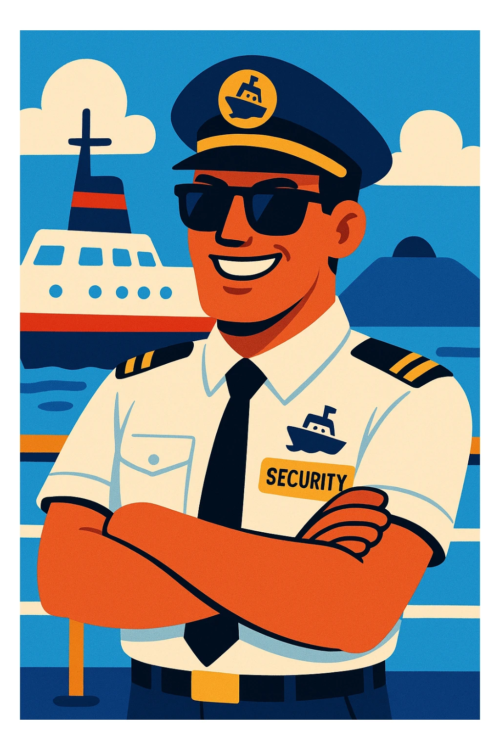 a ship security guard with sunglasses, smiling, in a crisp uniform, with a subtle ship motif, vibrant toon style sticker
