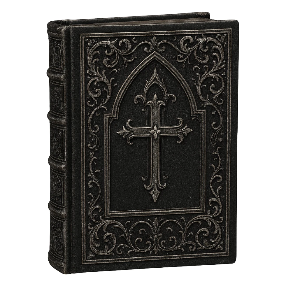 gothic book, black cover with silver details, no background sticker