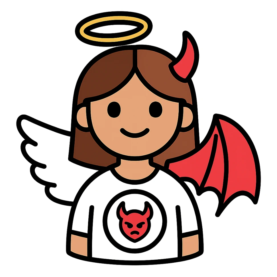 Edit this image to depict a brown-haired girl with a split angel and devil theme. One side is angelic with a halo and white wing, the other side devilish with a horn and bat wing. Remove the background. sticker