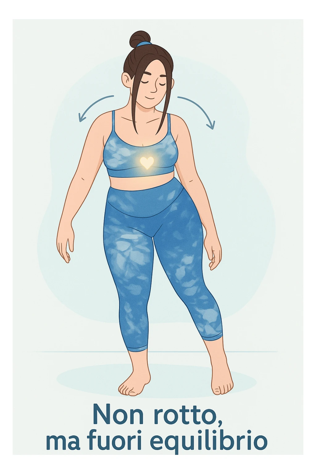 a woman stands in a relaxed pose, with a gentle, confident expression. Her body is shown with subtle, curved lines or arrows indicating areas of imbalance (such as a slight tilt in the shoulders or hips), but no signs of injury or damage. A soft glow or heart symbol at her core emphasizes resilience and the message “Non rotto, ma fuori equilibrio” The background is clean and clinical, with light blue tones. sticker