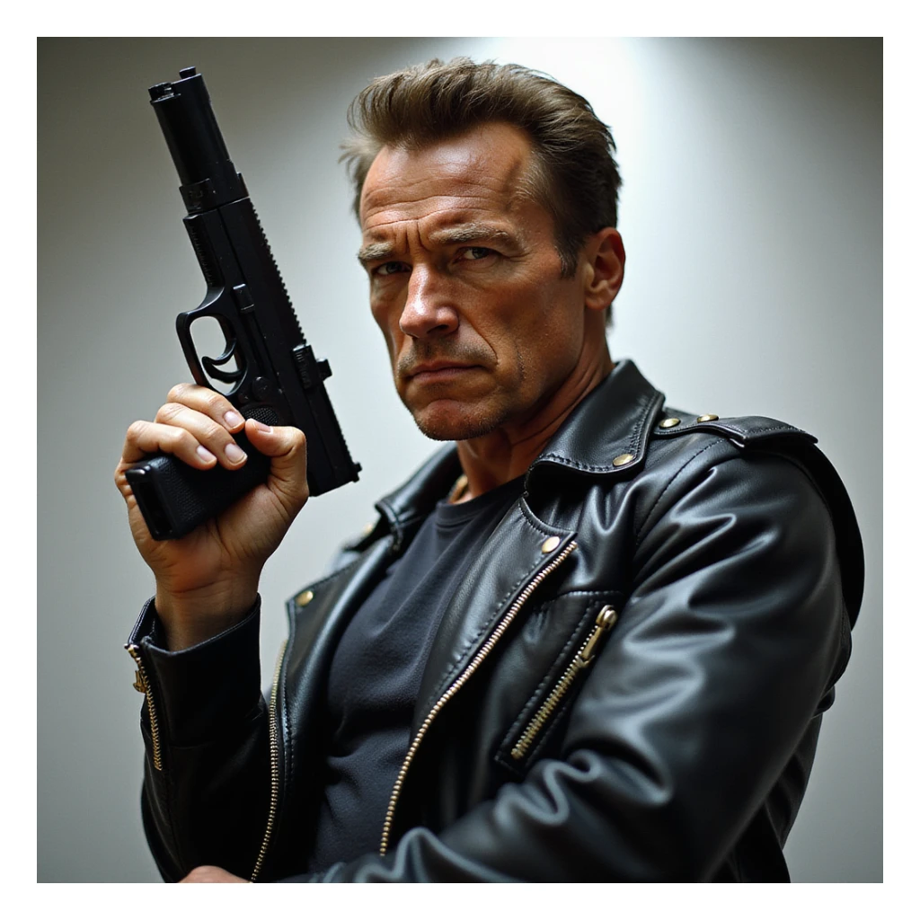 realistic style, Arnold Schwarzenegger as the Terminator, holding a raised gun, intense expression, detailed and lifelike sticker