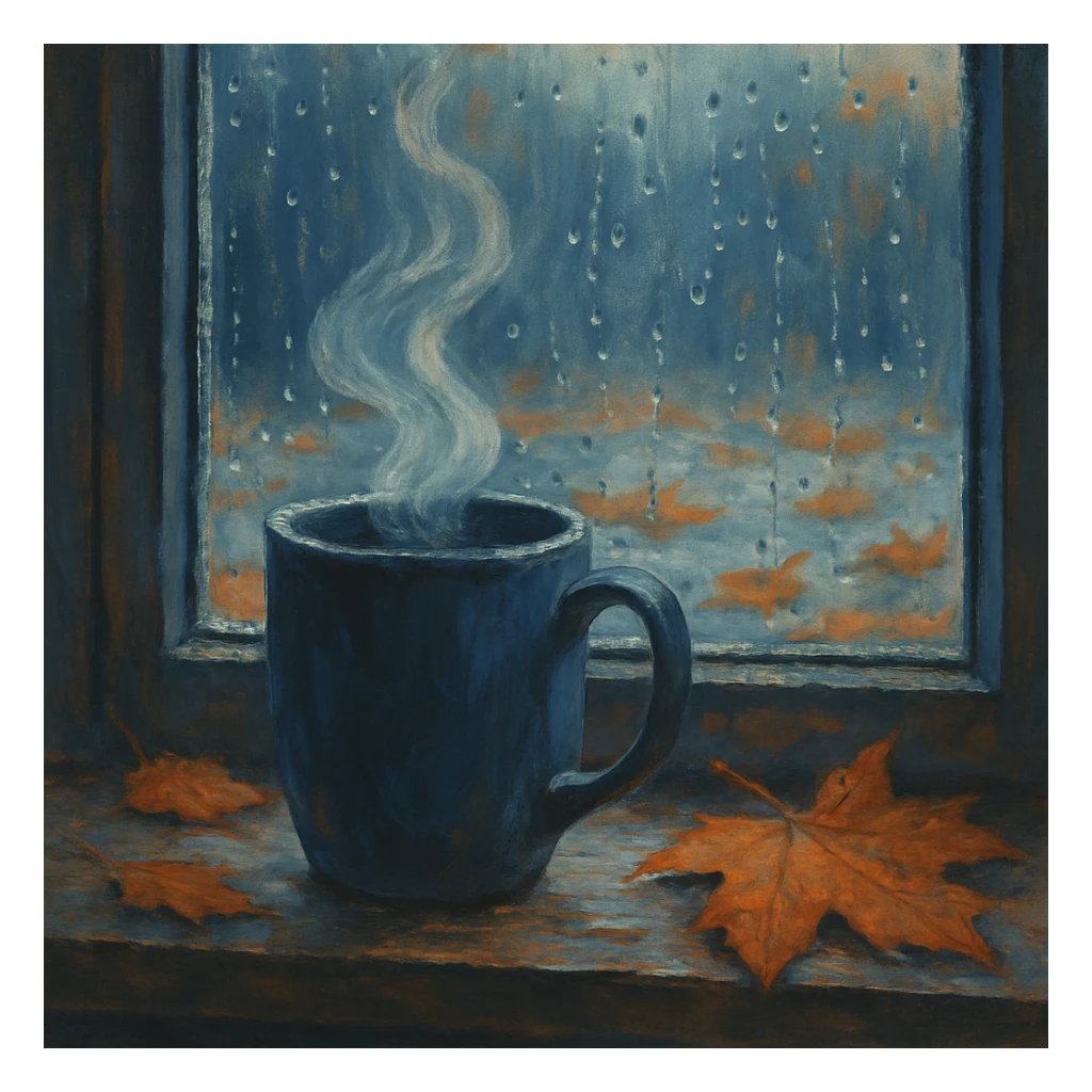 steaming mug on a windowsill, raindrops on the glass, and fallen autumn leaves outside, in cool autumn colors sticker