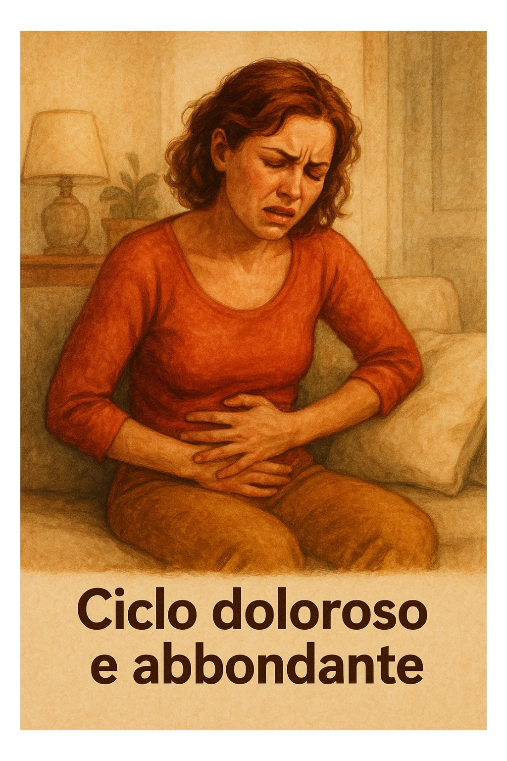 donna con ciclo doloroso e abbondante. testo in italiano. sticker