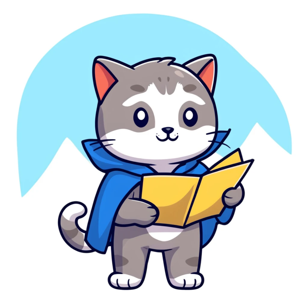 Explorer cat with map in paws, mountains and starry sky behind, wearing explorer outfit and cloak blowing in wind, gazing at horizon sticker