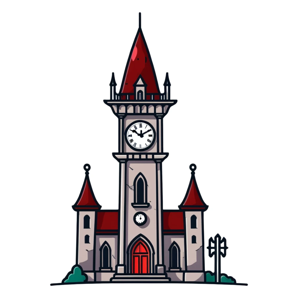 Gothic clocktower with blood running down its stone walls, creepy atmosphere sticker