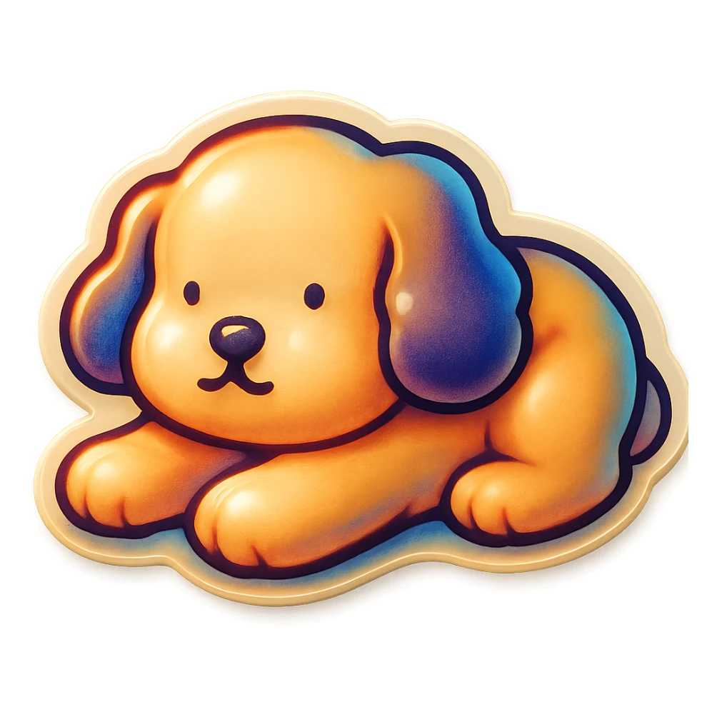 Create a sticker of a cute dog character lying down with a white background, maintaining the original retro stickers style. sticker