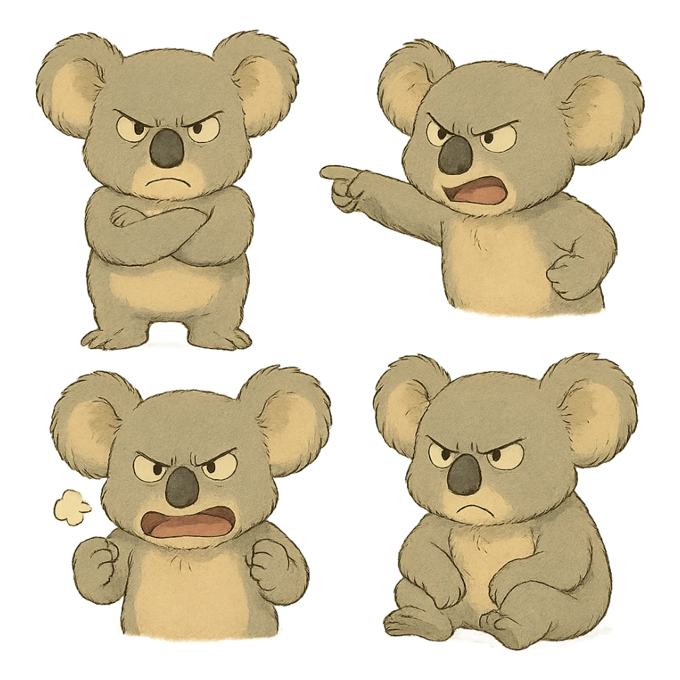angry koala with different poses and expressions in ghibli style sticker