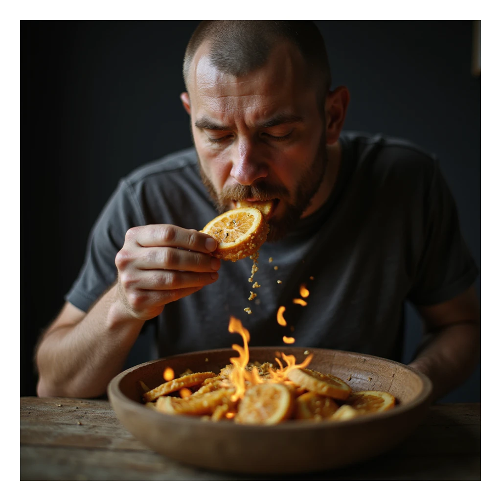 hyperrealistic 4K image of a man eating mindfully, each bite analyzed like a sacred ritual, food glowing with nutritional data such as protein fibers and vitamin trails, Zen aesthetics, reference image for facial features sticker