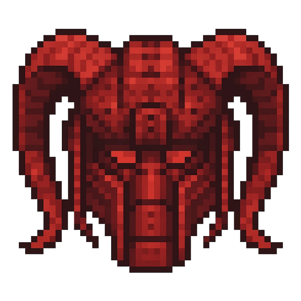 Edit the image to make the helmet red and add a ram in pixel art style. Remove the background. The style should be pixel art with pixelated details and colors. sticker