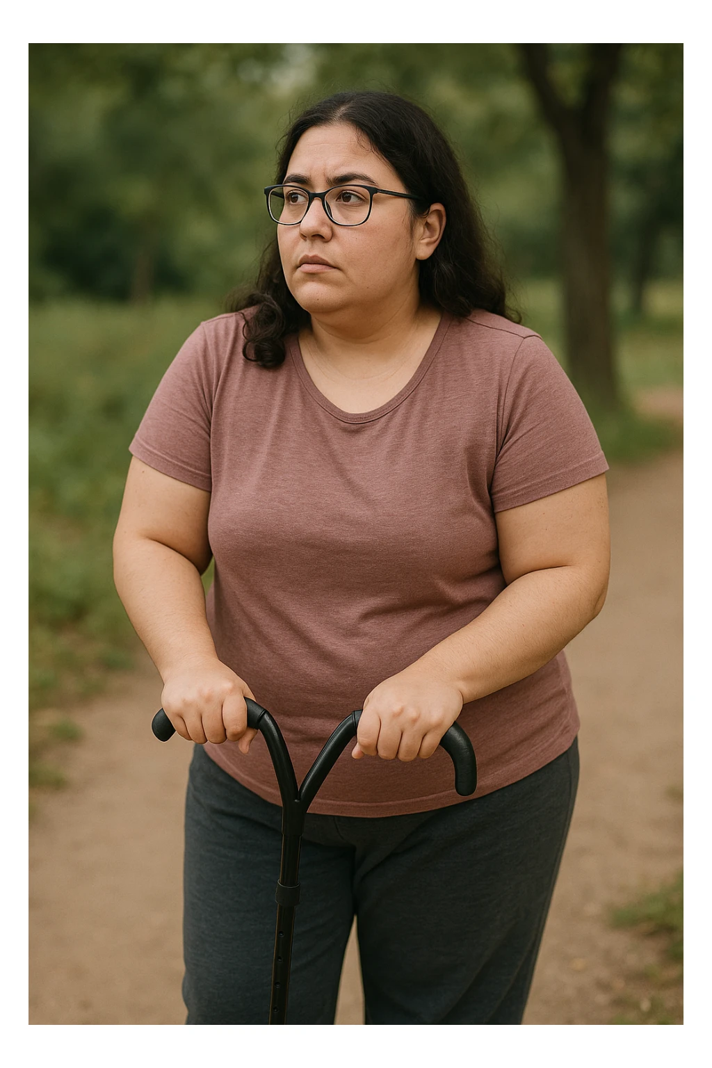 Donna con problemi difficoltà  nella mobilità a causa della sua PCOS, immagine realistica sticker