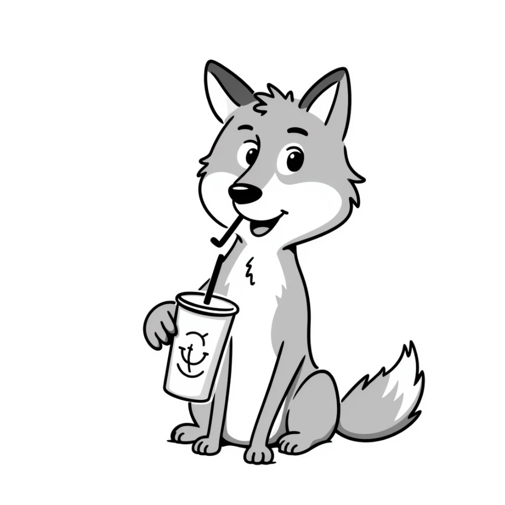 cute wolf drinking a cup of cola sticker